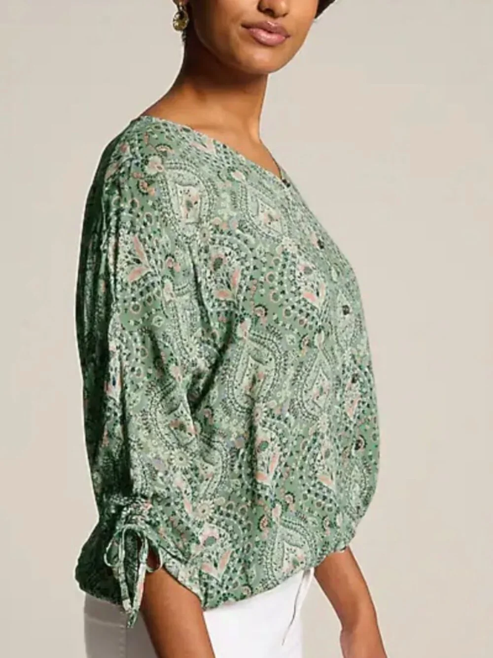 J. Jill Crinkled Button-Front Top | Floral Paisley | Size Medium | Sage Green | - Picture 1 of 10